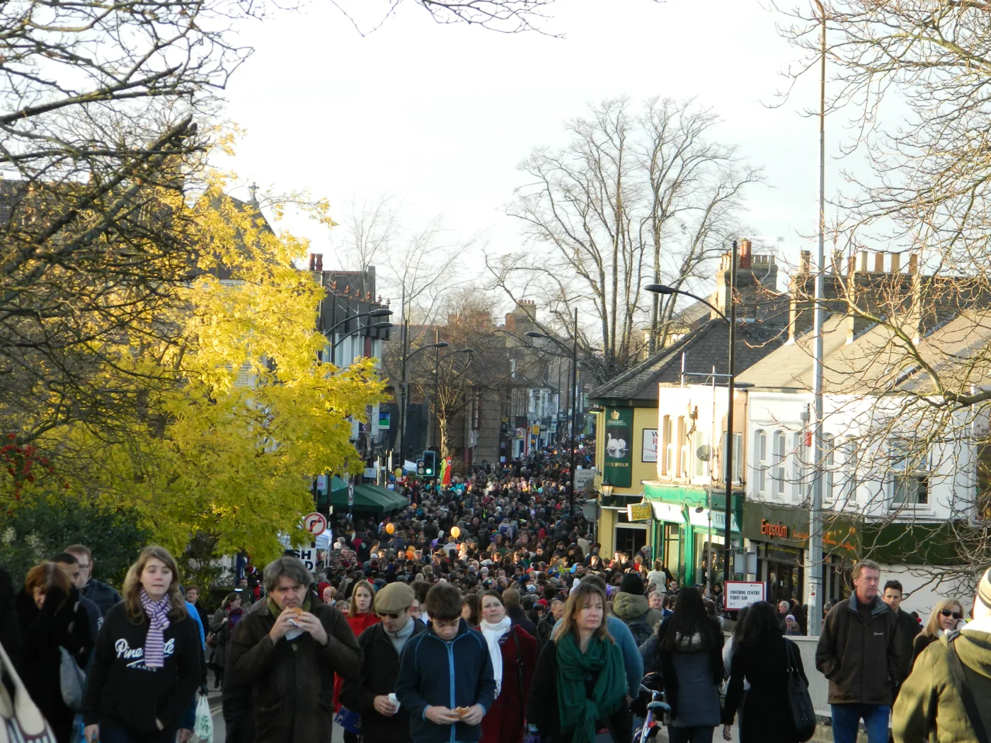 Mill Road during the Winter Fair, looking down from the bridge. The road closes to all traffic, including bikes, from 9am